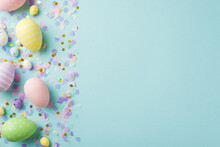 Top View Photo Of Easter Decorations Multicolored Easter Eggs Gold Pink And Purple Confetti On Isolated Pastel Blue Background With Empty Space