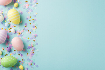 Wall Mural - Top view photo of easter decorations multicolored easter eggs gold pink and purple confetti on isolated pastel blue background with empty space
