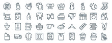 Set Of 40 Outline Web Laundry Icons Such As Detergent, Steamer, Washbasin, Bleach, Laundry, Clothes Line, Soap Bubbles Icons For Report, Presentation, Diagram, Web Design, Mobile App