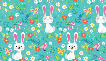 Adorable bunny rabbits celebrating spring in a field of flowers with butterflies, mushrooms, and birds. Seamless vector patterns are great for surface designs and backgrounds.