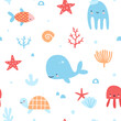 Cute underwater sea pattern. Happy aquatic animals seamless vector print for kids shower.