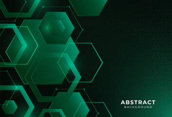 Abstract dark green science background with hexagon and lines overlap layer. Vector illustration with glowing effects. Simple design, Use for banner, cover, poster, presentation