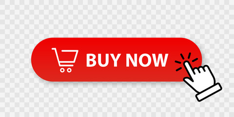 Buy now red button with hand cursor. Button hand pointer clicking. Click here banner with shadow. Click button isolated. Online shopping.