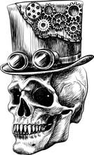 Skull. Graphic, Sketch Portrait Of A Skull In A Hat With Glasses In The Style Of Steam Punk On A White Background. Digital Vector Graphics.