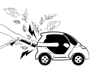 Wall Mural - hand holding a power cable supply to charging electric car