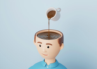 Coffee to wake up the brain. Coffee or tea pours into the head from a cup. Inside the coffee head, the man smiles. 3d render