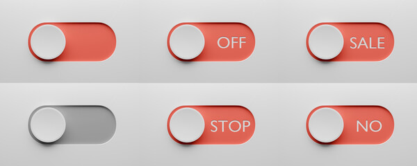  Toggle switch buttons set template. Red switch NO, OFF, SALE, STOP. Switch design for app or website. 3d render