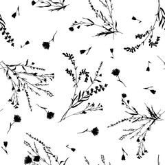 Wall Mural - Trendy monochrome vector texture. Silhouettes blossom floral seamless pattern. Blooming botanical motifs scattered random. For fashion. Ditsy print. Hand drawn wild meadow flowers on white background