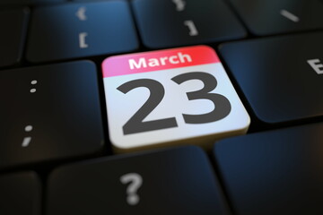 March 23 date on a keyboard key, 3d rendering