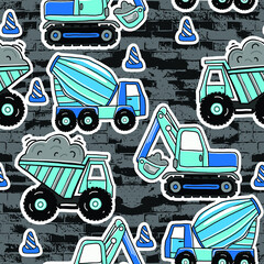 seamless pattern with Hand drawn construction machines . Kids background for textile, fashion, wrapping paper, graphic tees