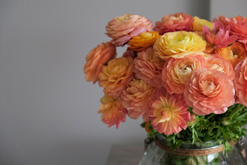 Wall Mural - Close up shot of beautiful orange and red ranunculus bouquet. Visible petal structure. Detailed bright patterns of flower buds. Top view, background, copy space for text.