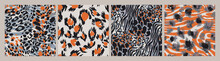 Seamless Animal Skin Fashion Patterns. Spotted And Striped Abstract Geometric Backgrounds. Set Of Decorative Leopard, Tiger And Zebra Fur Textures. Luxury Trendy Textile Print Swatches.