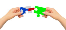 Woman Hands Are Holding Part Of Puzzle Game. National Mock Up On White Background. Puerto Rico