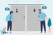 People wait until public toilet cubicles are free. Girl and man urgently need to pee or poop
