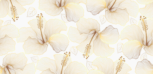 Luxury hibiscus seamless pattern background vector. Elegant golden hibiscus flower lines art design. Suit for wedding, backdrop, wallpaper, banner, card, cover, texture. Vector illustration