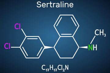 Sticker - Sertraline molecule. It is antidepressant, used to treat depressive disorder, social anxiety disorder, other psychiatric conditions. Structural chemical formula on the dark blue background.