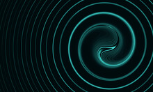 Neon Aqua Blue Spiral With Fluid Ripples Over Dark Background. Digital 3d Representation Of Music Rhythm, Audio Sound, Cyber Vibration. Great As Wallpaper, Cover Print For Electronics, Design Element.