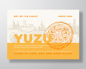 Wall Mural - Fresh Yuzu Food Label Template. Abstract Vector Packaging Design Layout Modern Typography Banner with Hand Drawn Fruit and Rural Landscape Background Isolated