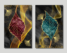 3d Wall Frame Art. Drawing Black Background Golden Waves Shapes, Turquoise And Red Tree Leaf, Feathers