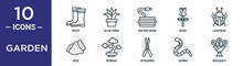 Garden Outline Icon Set Includes Thin Line Boot, Water Hose, Ladybug, Bonsai, Worm, Bouquet, Soil Icons For Report, Presentation, Diagram, Web Design