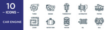 Car Engine Outline Icon Set Includes Thin Line Turbo, Thermostat, Piston, Water Tank, Oil, Ecu, Chain Icons For Report, Presentation, Diagram, Web Design