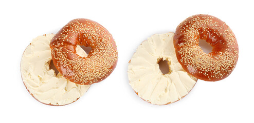 Top view of delicious bagels with cream cheese on white background, collage. Banner design