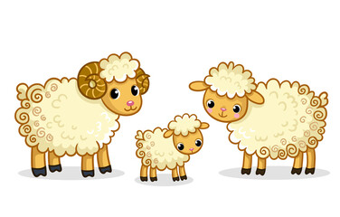 Wall Mural - A family of sheep stands. Vector illustration with a ram in cartoon style.