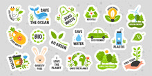 Collection Of Ecology Stickers With Slogans - Zero Waste, Recycle, Eco Friendly, Go Green, Save Water, Cruelty Free, Bio, Save The Ocean, No Plastic. Modern Isolated Vector Badges For Web And Print.