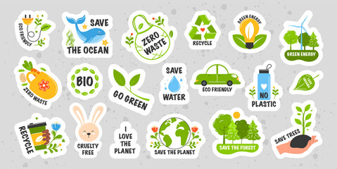 Collection of ecology stickers with slogans - zero waste, recycle, eco friendly, go green, save water, cruelty free, bio, save the ocean, no plastic. Modern isolated vector badges for web and print.