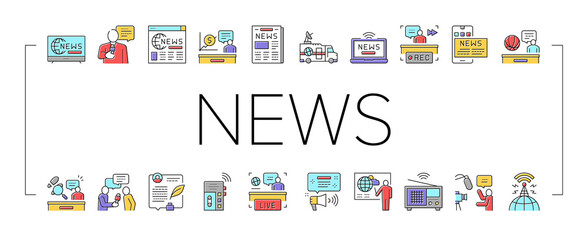 Wall Mural - News Broadcasting Collection Icons Set Vector .