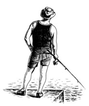 Hand Drawing Of A Fisherman In Hat And Shorts With Fishing Rod Standing Alone On River Embankment