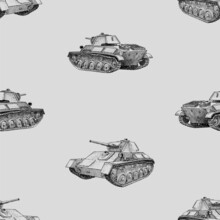 Seamless Background Of Sketches Old Fighting Tanks Of Second World War