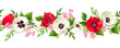 Horizontal seamless border with red and white poppy flowers, small pink flowers, and green leaves. Vector illustration