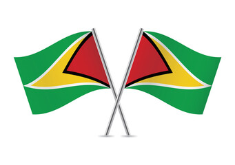 Guyana crossed flags. Guyanese flags, isolated on white background. Vector icon set. Vector illustration.