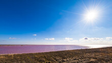 Pink Lake. Amazing Panoramic Landscape Of Beautiful Salt Plains.