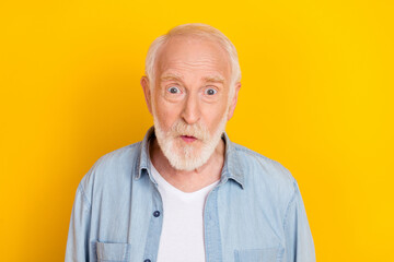 Canvas Print - Portrait of attractive amazed cheerful funky grey-haired man incredible news omg isolated over bright yellow color background