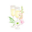 Watercolor pair of champagne glasses with flowers. Hand painted wedding drinks with floral decoration isolated on white background. Signature cocktails illustration for invitations, menu, cards.