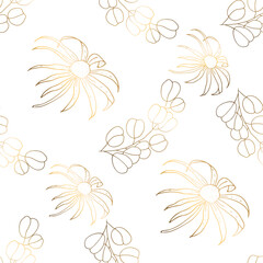 Wall Mural - Seamless patterns. Luxurious golden foliage and chamomile isolated on white background. Line art. The line art is thin. Delicate floral pattern, gold leaf. vector file.