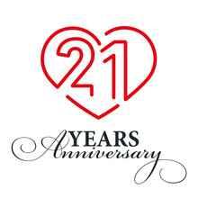21 Years Anniversary Celebration Number Thirteen Bounded By A Loving Heart Red Modern Love Line Design Logo Icon White Background