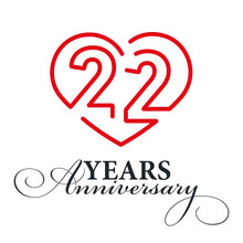 22 Years Anniversary Celebration Number Thirteen Bounded By A Loving Heart Red Modern Love Line Design Logo Icon White Background