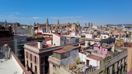 Canvas Print - Panoramic view of Barcelona, multiple building's roofs, old cathedral, Spain