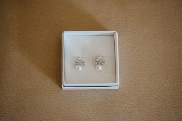 Poster - A top shot of wedding earring in a box.