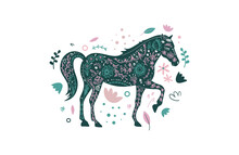 Floral Animal Horse Emblem. Forest Scandi Animal Illustration. Vector Funky Print With Horse Animal In Simple Minimal Style.