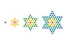 First Four Star Numbers Shown By Colored Dots. Centered Figurate Number, A Centered Hexagram (six-pointed Star), Such As The Star Of David Or Chinese Checkers Board. The Sequence Is 1, 13, 37, 73 Etc.