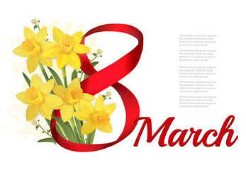 Aufkleber - 8th March illustration. Holiday yellow flowers background with narcisses and red ribbon. Vector.