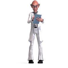 3D-illustration of a cute and funny mad scientist writing down the list