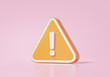 Orange triangle warning symbol icon on pink background. error alert safety concept. 3d render illustration