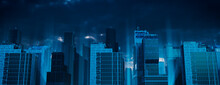 Modern Metropolis Wallpaper. Advanced Skyscrapers Illuminated With Blue Light.