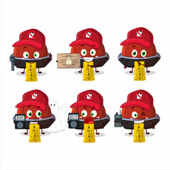 Sticker - Ghost hunter cartoon red vampire hat character using camera