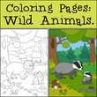 Coloring Pages: Wild Animals. Mother badger stands with her little cute baby in the forest.